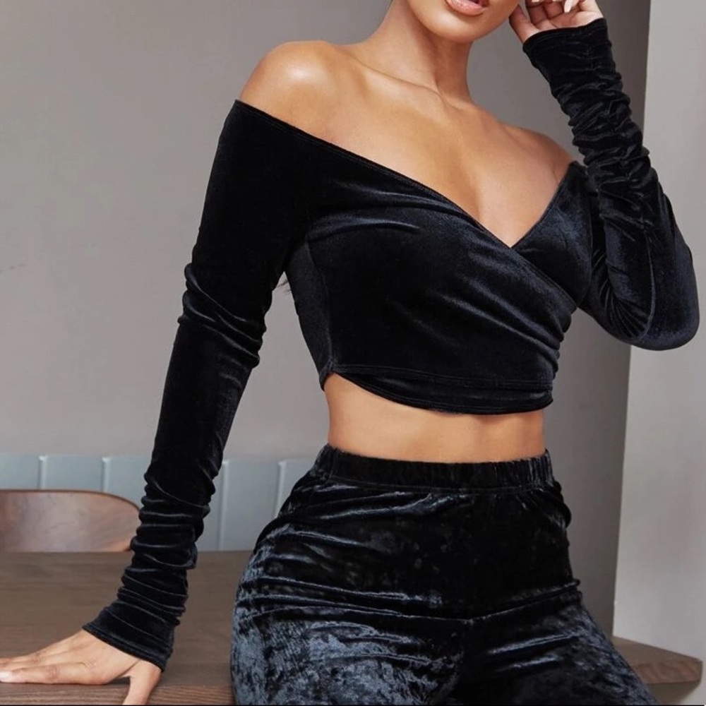 Black velvet off the shoulder blouse